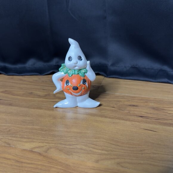 Vintage Ceramic Painted Ghost Pumpkin Jack O Lantern Kitsch Figurine Halloween - Picture 2 of 12